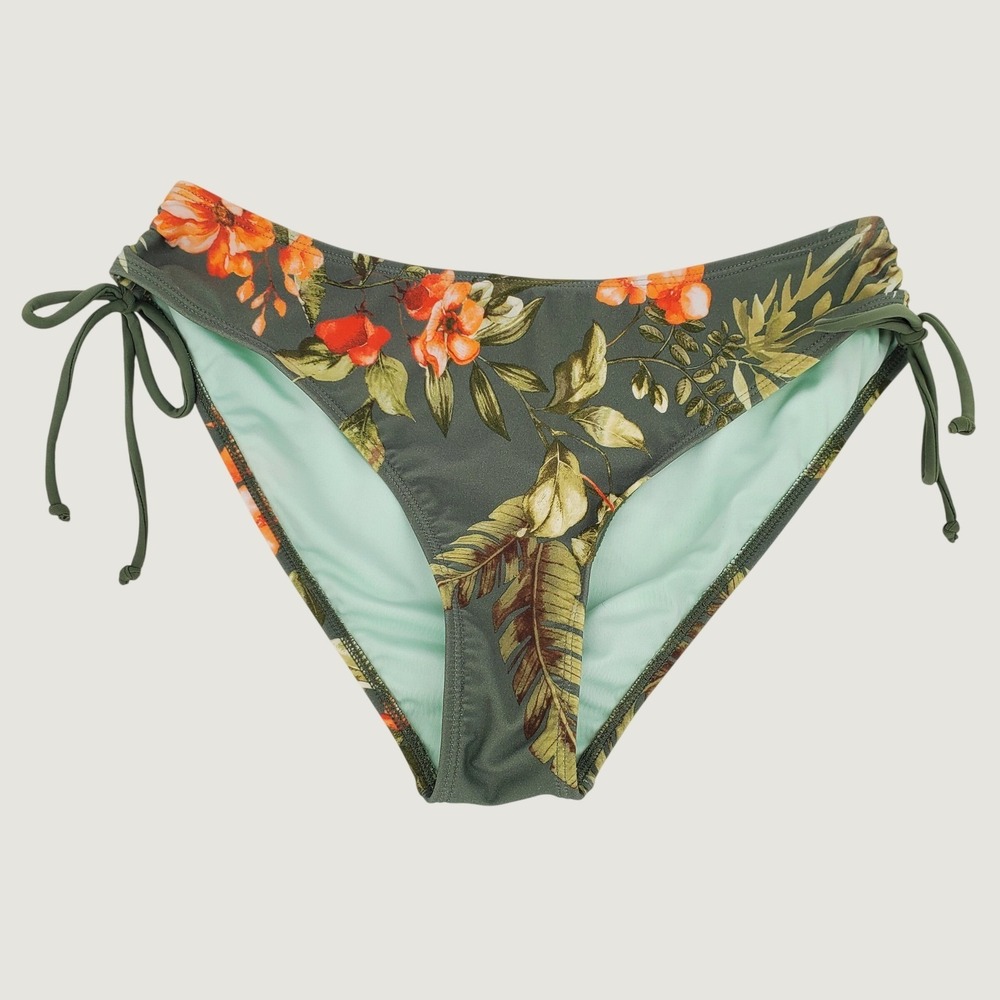 Cupshe Tropical Floral Side Tie Bikini Bottom Womens Medium Green Lined Stretch